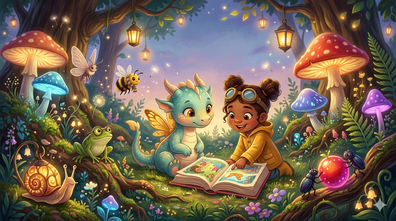 A baby dragon and an explorer read in a glowing mushroom hollow
